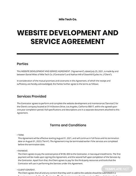 Website Development and Service Agreement Template in Word, Apple Pages